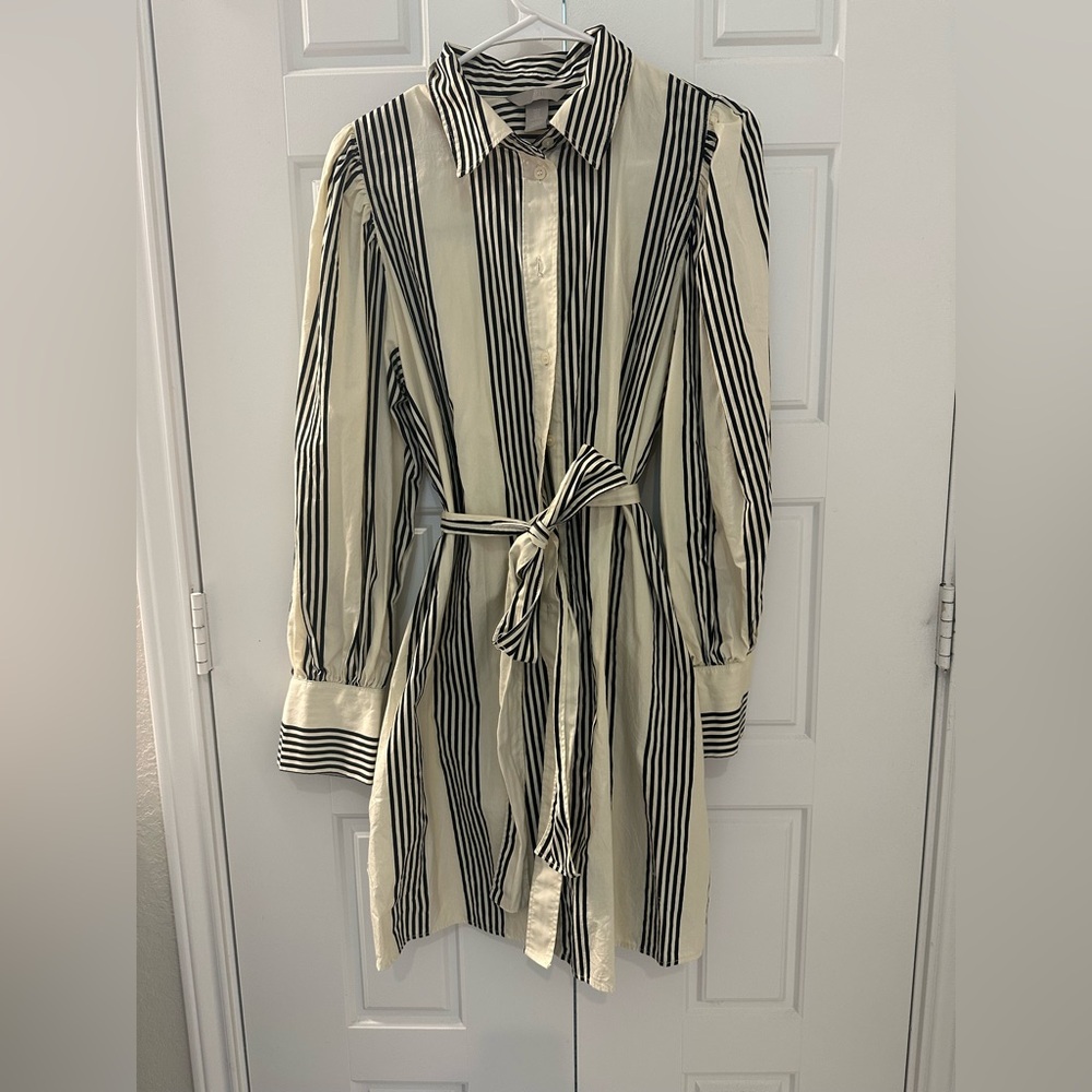 H&M knee length, long sleeve, collared dress in black and white